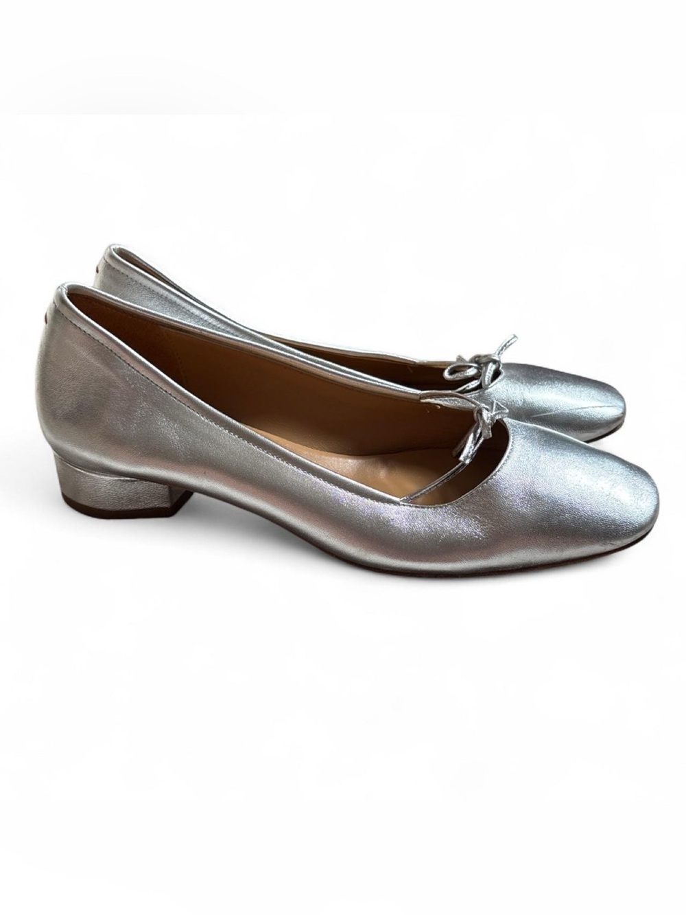 Aeyde silver metallic ballet kitten heels with bow detail
